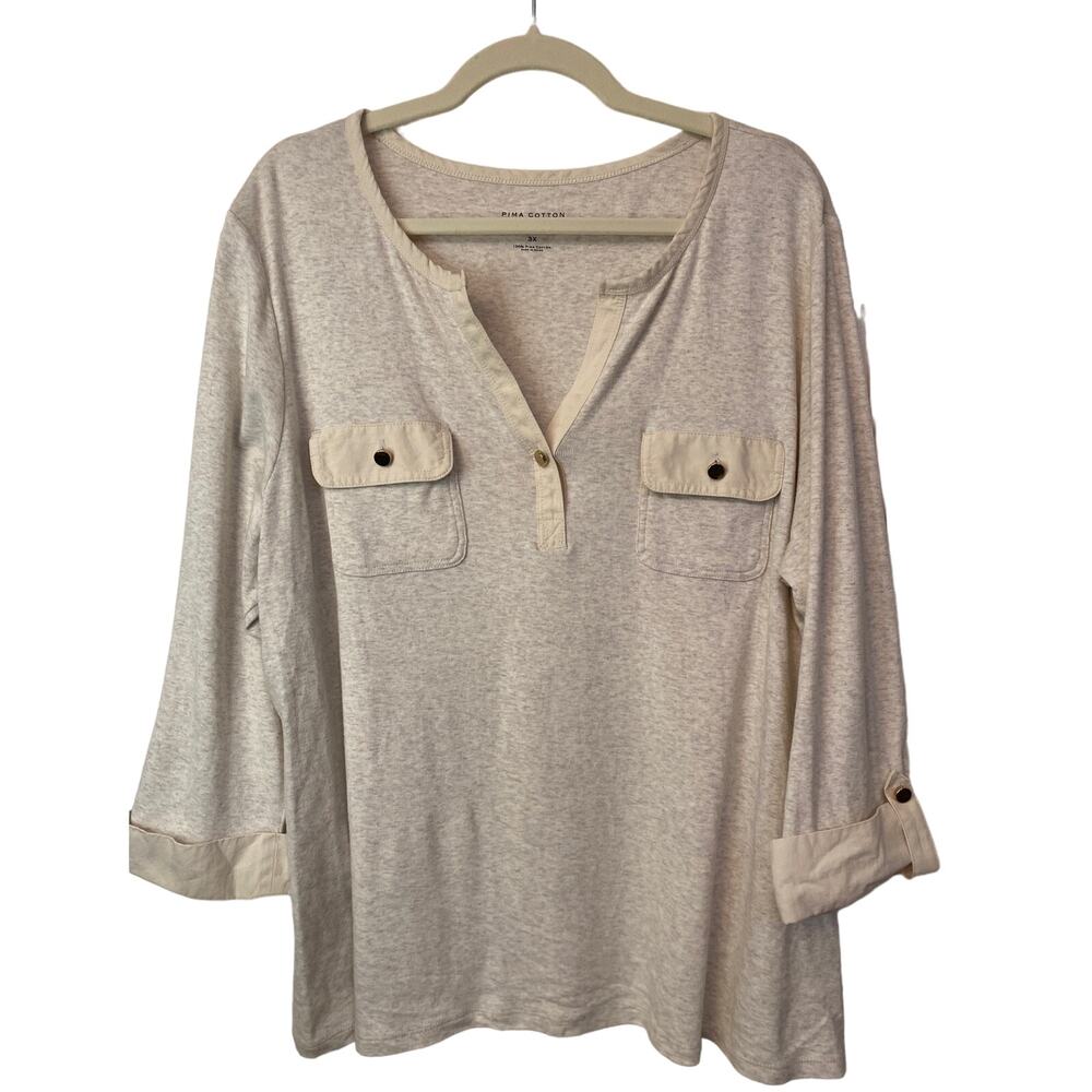 Womens Pima Cotton CHARTER CLUB Top Size 3x Oatmeal Heather Gray V-Neck Cuffs